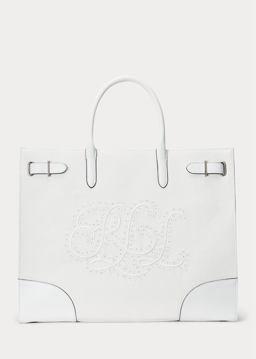 White/White Ralph Lauren Eyelet Canvas Large Devyn Women\'s Tote Bags | 7420-KNSAP