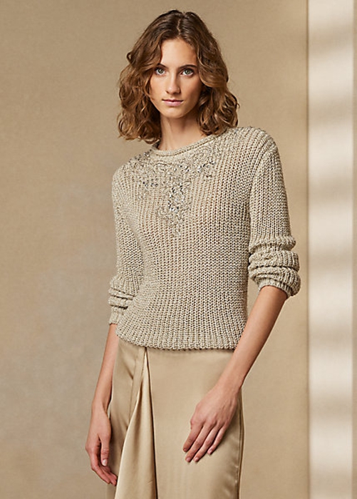 Beige Ralph Lauren Embellished Silk Rollneck Women's Sweaters | 9513-UMTDG