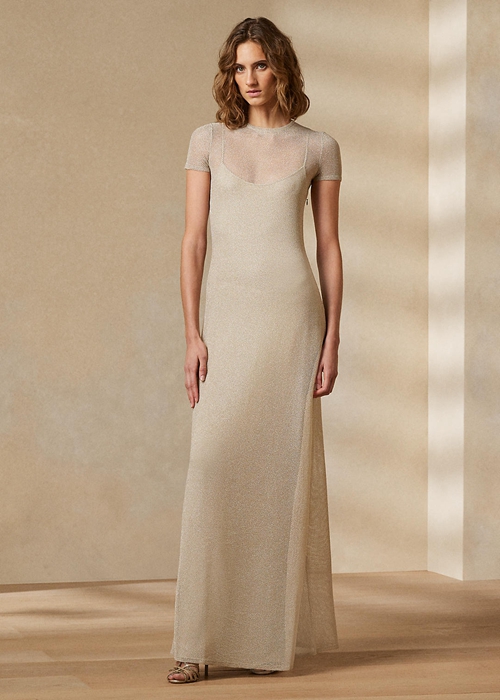 Beige Ralph Lauren Mesh Short-Sleeve Evening Women's Dress | 8294-FDZEB