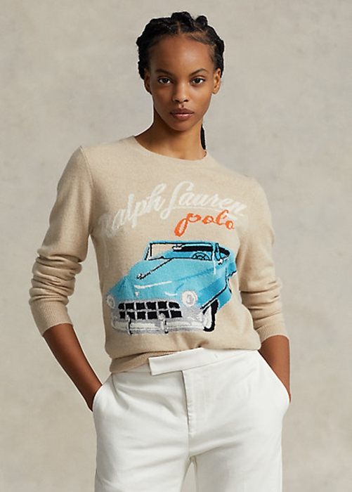 Beige Ralph Lauren ar-Motif Cashmere-Blend Women's Sweaters | 6485-SGNML
