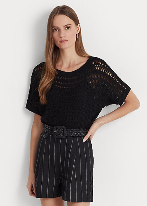 Black Ralph Lauren Cotton Mesh Short-Sleeve Women's Sweaters | 0915-DFHLS