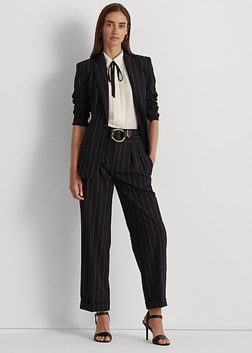 Black Ralph Lauren Pinstripe Wool Crepe Wide-Leg Women's Pants | 8036-SCNAW