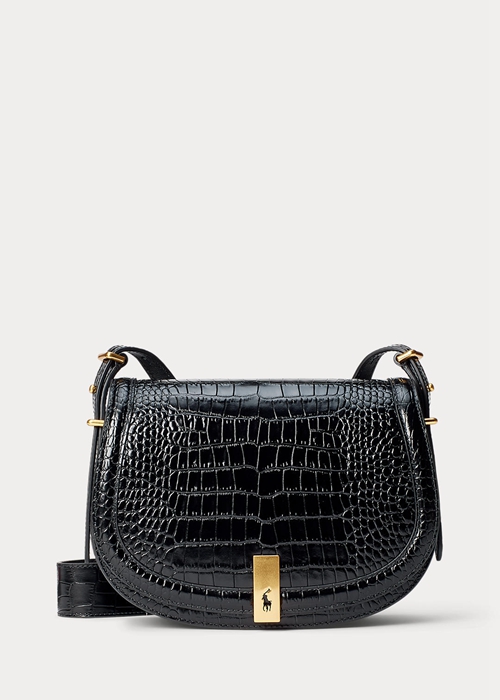 Black Ralph Lauren Polo ID Croc-Embossed Women's Saddle Bags | 2305-KXBON