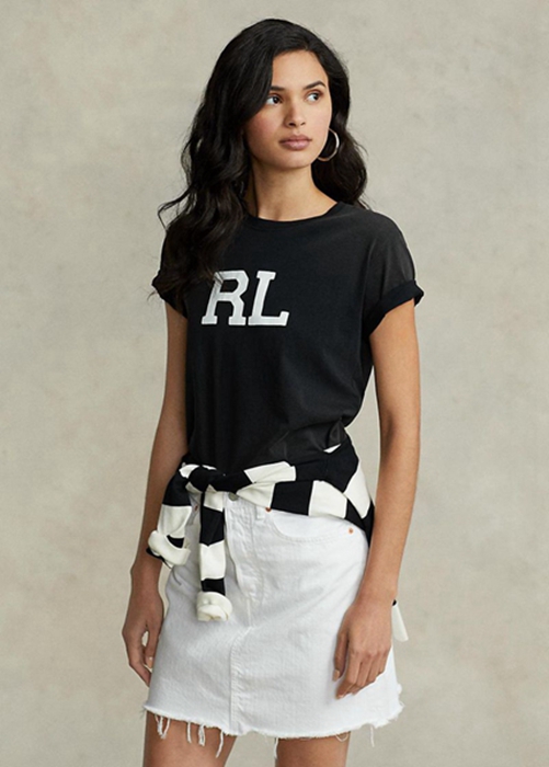 Black Ralph Lauren Rl Logo Jersey Women's T Shirts | 4096-BNOYC