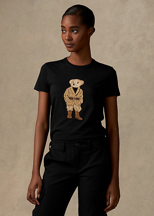 Black Ralph Lauren Safari Polo Bear Cotton Women's T Shirts | 8793-FJCBO