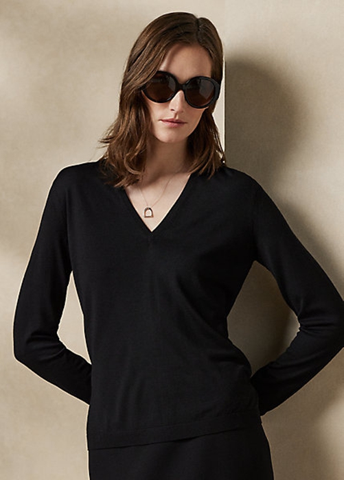 Black Ralph Lauren Wool Long-Sleeve V-Neck Women's Sweaters | 5861-ISYDG