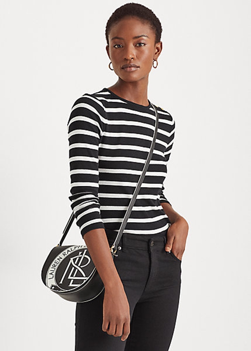 Black / White Ralph Lauren Striped Button-Shoulder Women's Tops | 3679-KTJAH