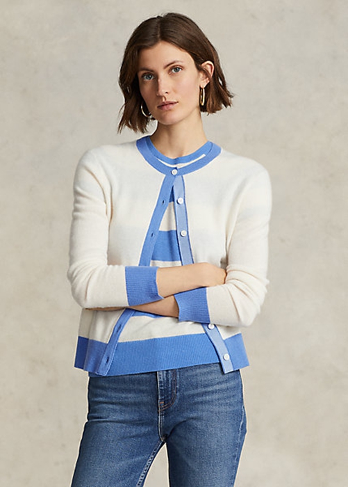 Blue / Cream Ralph Lauren Crest Cashmere Cardigan Women's Sweaters | 6593-UVIDO