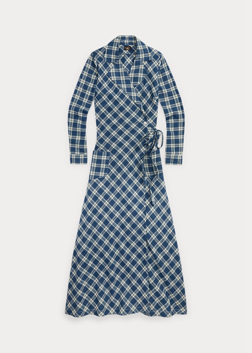Blue / Cream Ralph Lauren Plaid Cotton Voile Wrap Women's Dress | 0279-TWQSG