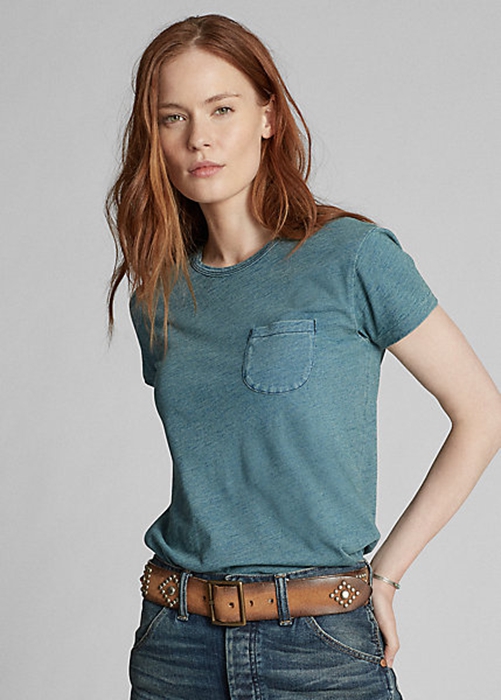 Blue Ralph Lauren Indigo Cotton Pocket Women's T Shirts | 7649-JSZGT