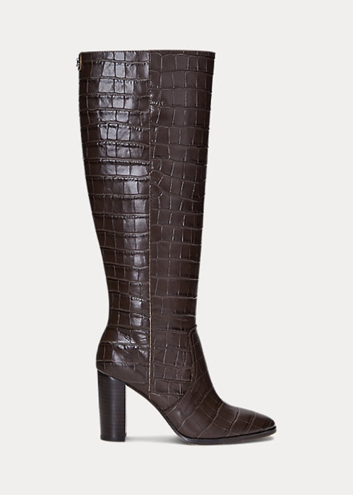 Brown Ralph Lauren Ashlynn Embossed Leather Women's Boots | 9108-PKHYR