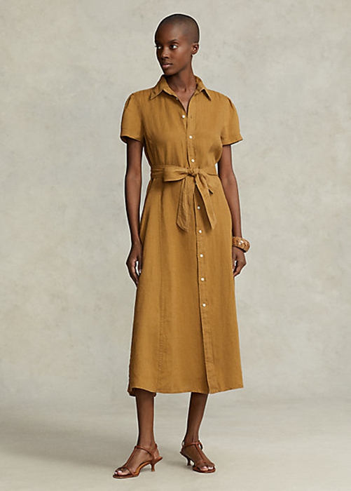 Brown Ralph Lauren Belted Linen Short- Women's Dress | 9340-JEKNY
