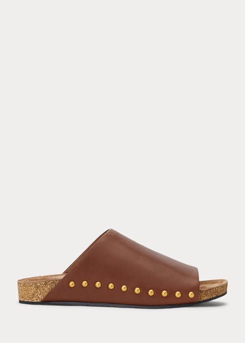 Brown Ralph Lauren Calfskin Leather Rivet Women's Sandals | 0564-MFXVR