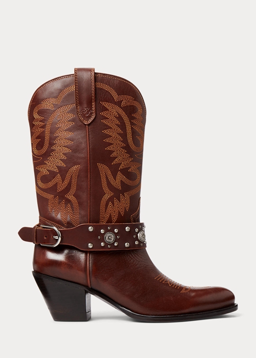 Brown Ralph Lauren Studded Calfskin Western Women's Boots | 8037-MHYDF