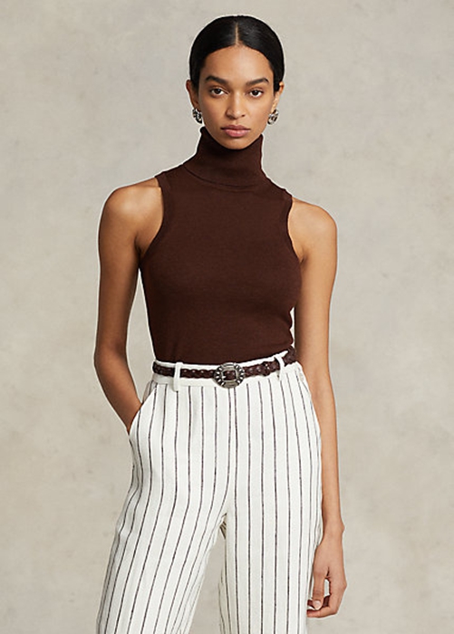 Brown Ralph Lauren Wool Sleeveless Turtleneck Women's Sweaters | 4739-MRWIS