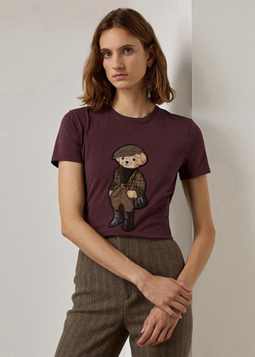 Burgundy Ralph Lauren Tweed Bear Cotton Women's T Shirts | 3754-WAPXL