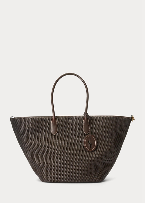 Chocolate Ralph Lauren Leather-Trim Straw Large Bellport Women's Tote Bags | 1093-VANBF