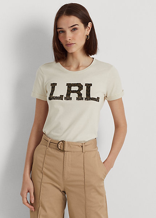 Cream Ralph Lauren Beaded-Logo Jersey Women's T Shirts | 0943-XWYTL