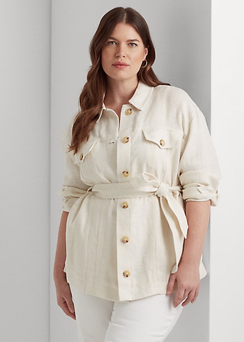 Cream Ralph Lauren Belted Herringbone Linen Women's Jackets | 8217-SCHKA