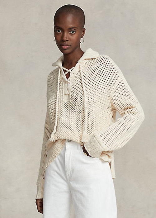 Cream Ralph Lauren Cross-Stitch Lace-Up Cotton-Wool Women's Sweaters | 7043-VINOC
