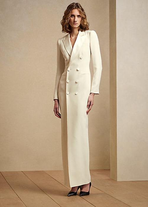 Cream Ralph Lauren Kristian Silk Tuxedo Women's Dress | 7693-SUCNG