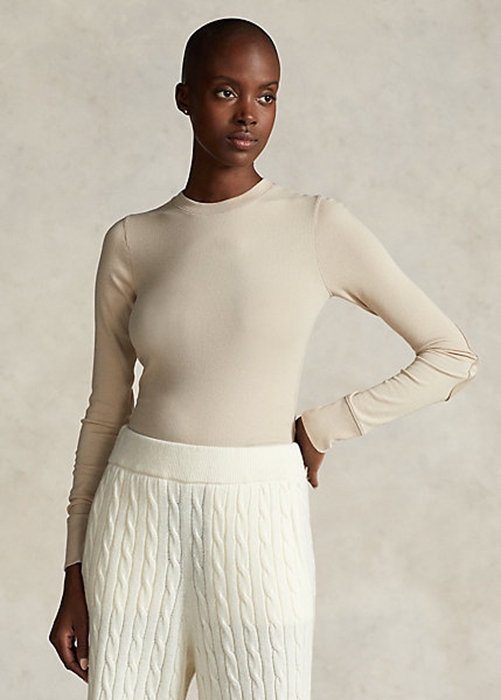 Cream Ralph Lauren Ribbed Suede-Trim Long-Sleeve Women's T Shirts | 4632-AIWZQ