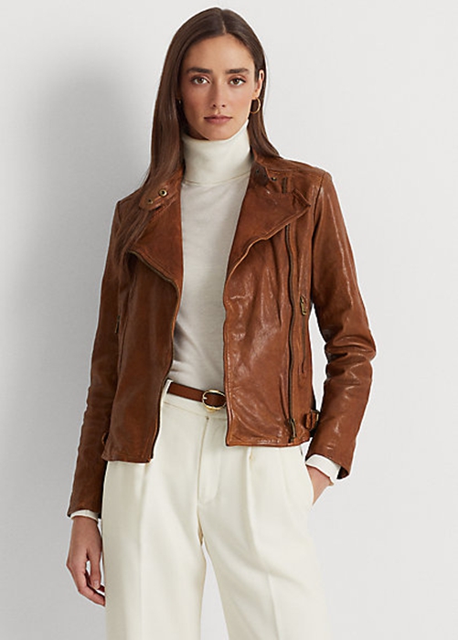 Dark Brown Ralph Lauren Leather Moto Women's Jackets | 3015-PYSNL