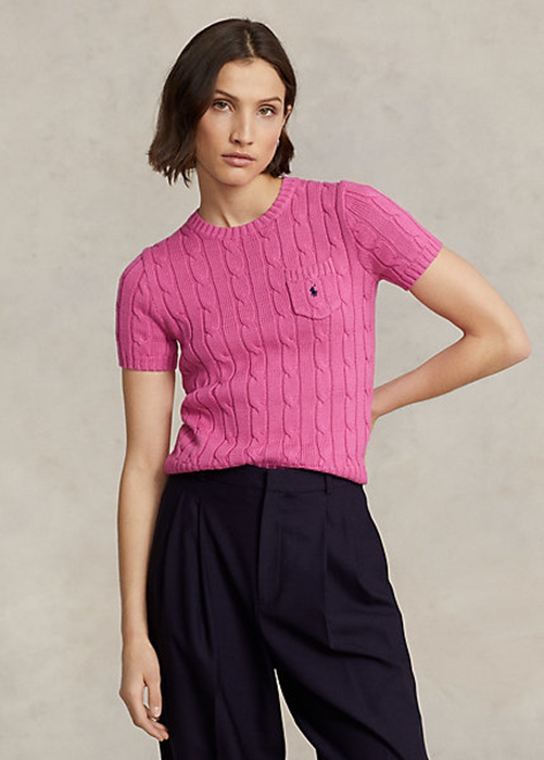 Fuchsia Ralph Lauren Cable-Knit Cotton Short-Sleeve Women's Sweaters | 6981-UDWFE