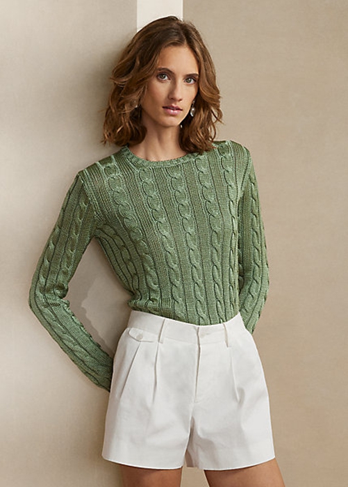 Green Ralph Lauren Cable-Knit Silk Crewneck Women's Sweaters | 6123-CFZPK