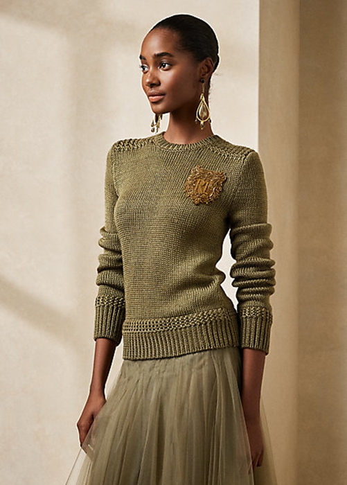 Green Ralph Lauren Embellished Silk-Blend Crewneck Women's Sweaters | 0854-DPWEG