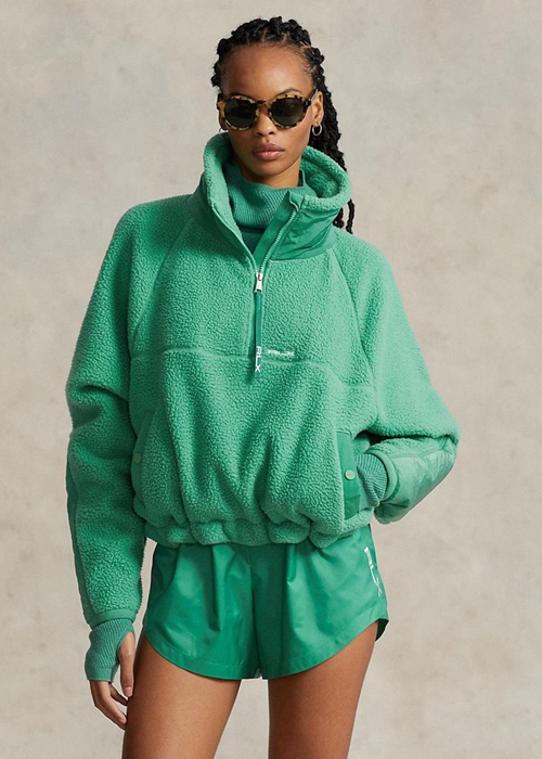 Green Ralph Lauren Ripstop-trim High-pile Fleece Pullover Women's Sweatshirts | 0196-NEMPS