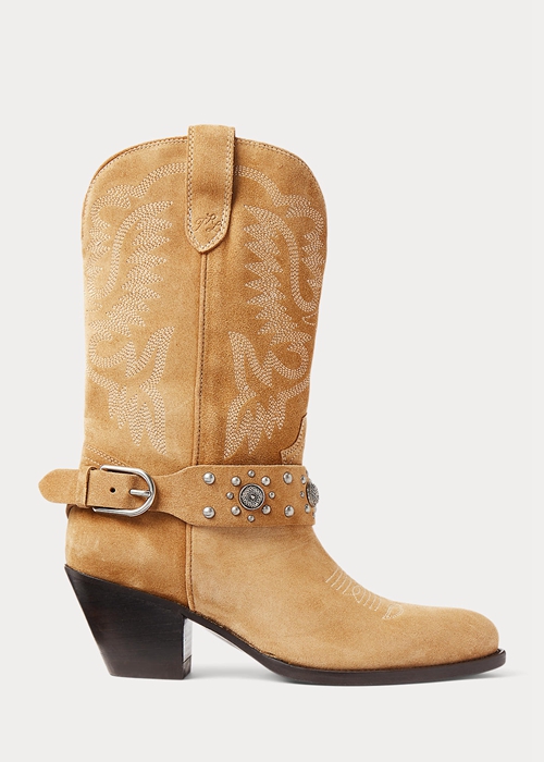 Khaki Ralph Lauren Studded Calf-Suede Western Women's Boots | 6874-KPRBT