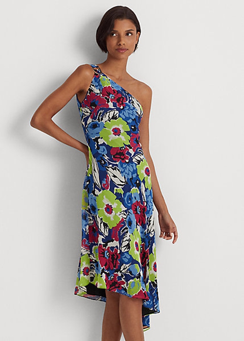 Multicolor Ralph Lauren Floral Georgette One-Shoulder Women's Dress | 2061-GZFMO