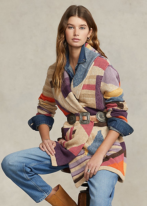 Multicolor Ralph Lauren Geo-Motif Shawl Linen-Blend Women's Sweaters | 0573-JSIPT