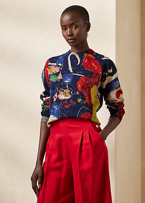 Multicolor Ralph Lauren Print Cotton Crewneck Women's Sweaters | 3026-WNEDX