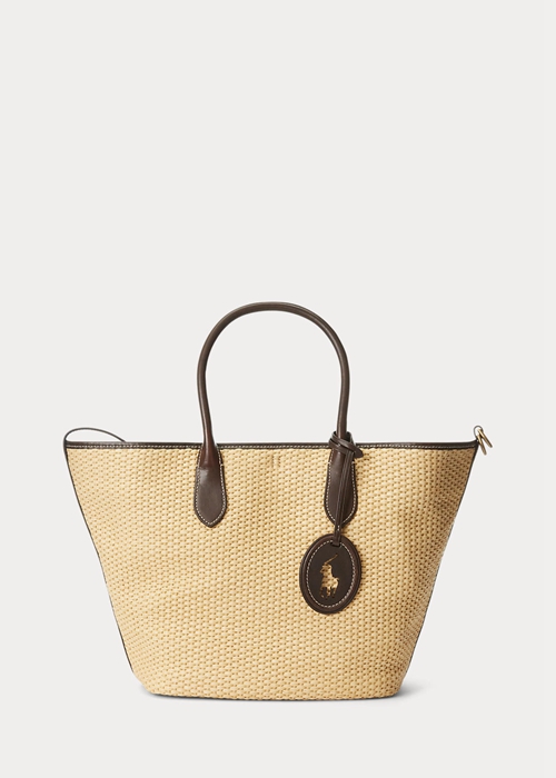 Natural Ralph Lauren Leather-Trim Straw Medium Bellport Women's Tote Bags | 8401-IOLFU