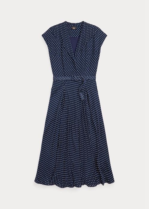 Navy / Cream Ralph Lauren Polka-Dot Silk Georgette Women's Dress | 2135-GOREC