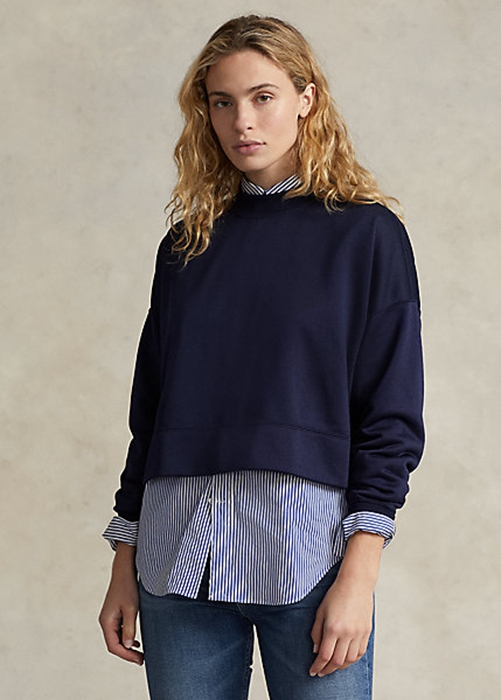 Navy Ralph Lauren Boxy Suede-Patch French Terry Women's Sweatshirts | 0879-MYCAN