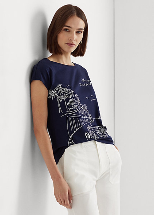 Navy Ralph Lauren Graphic Jersey Women's T Shirts | 0745-ROULT