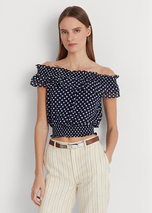 Navy Ralph Lauren Polka-dot Off-the-shoulder Blouse Women's Tops | 8495-EQARB
