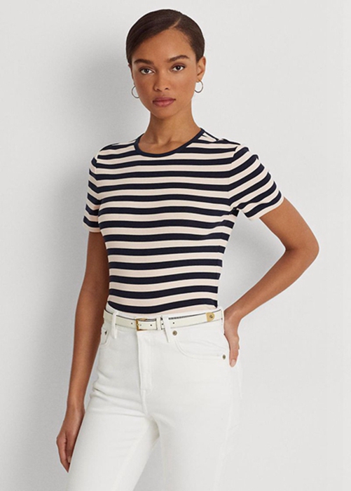 Navy Ralph Lauren Striped Stretch Cotton Women's T Shirts | 6752-NSTQE