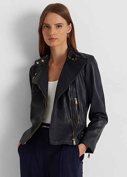 Navy Ralph Lauren Tumbled Leather Moto Women's Jackets | 4295-KFUCI