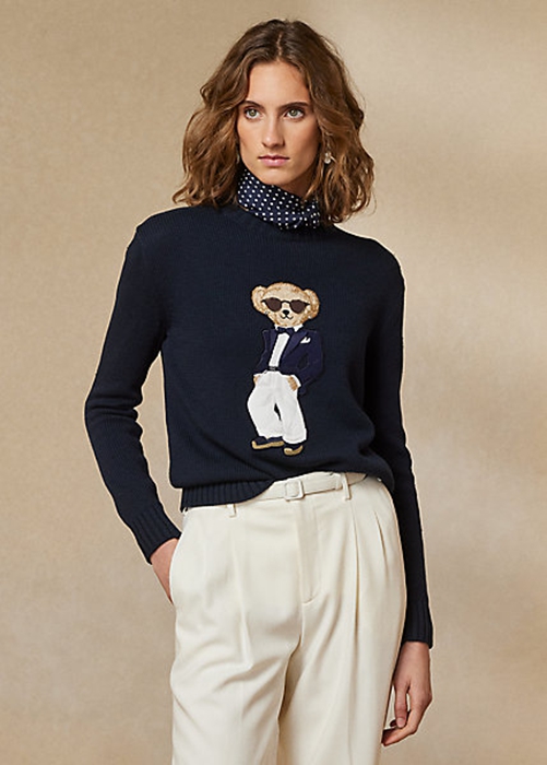 Navy Ralph Lauren Tuxedo Bear Cotton Women's Sweaters | 7524-EDFZO