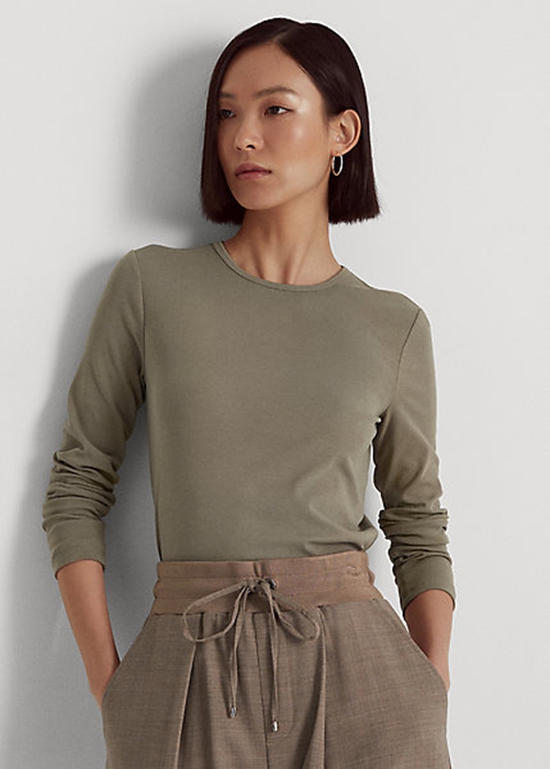Olive Ralph Lauren Cotton-Blend Long-Sleeve Women's Tops | 6359-NUWLA