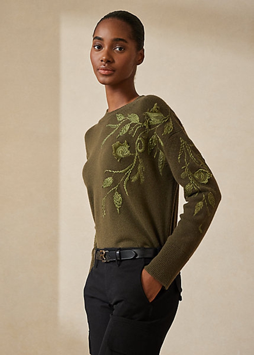 Olive Ralph Lauren Embellished Cashmere Crewneck Women's Sweaters | 3621-VGXHK