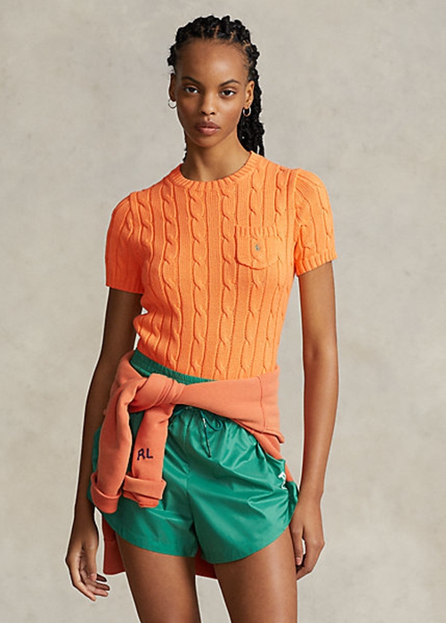Orange Ralph Lauren Cable-Knit Cotton Short-Sleeve Women's Sweaters | 8601-YHFQR