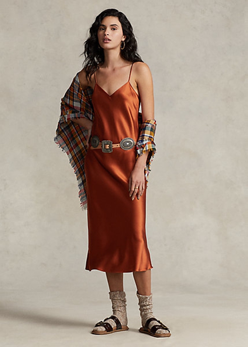 Orange Ralph Lauren Mulberry Silk Midi Slip Women's Dress | 4523-KDMQP
