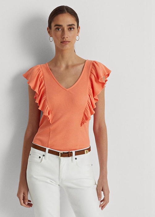 Orange Ralph Lauren Ruffle-trim Rib-knit Women's T Shirts | 8192-KIDWE