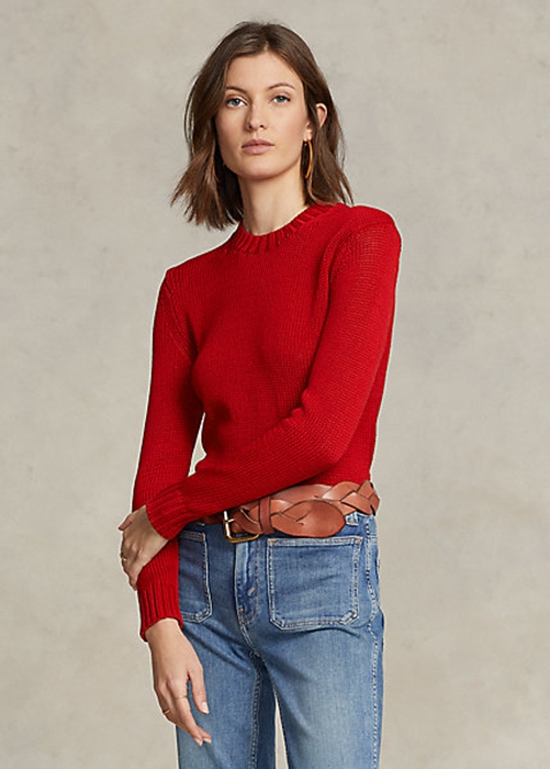 Red Ralph Lauren Cotton Crewneck Women's Sweaters | 7240-EOZCT