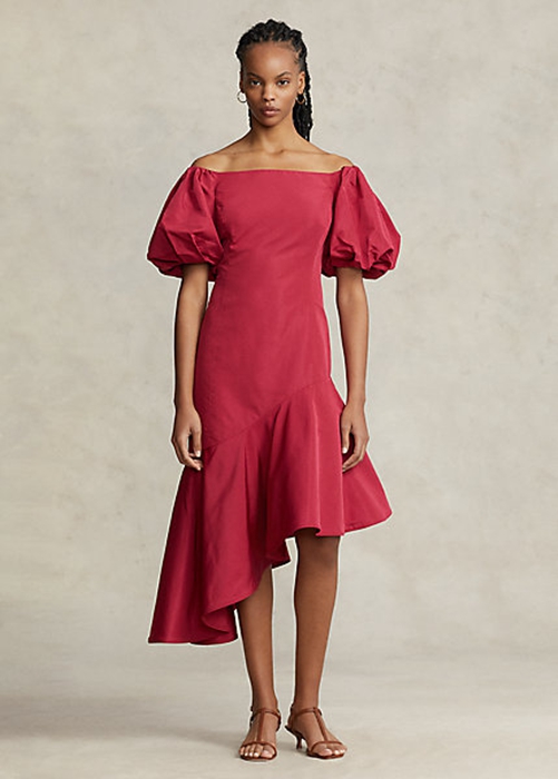 Red Ralph Lauren Ruffled Asymmetrical Taffeta Gown Women's Dress | 7628-MGTKC